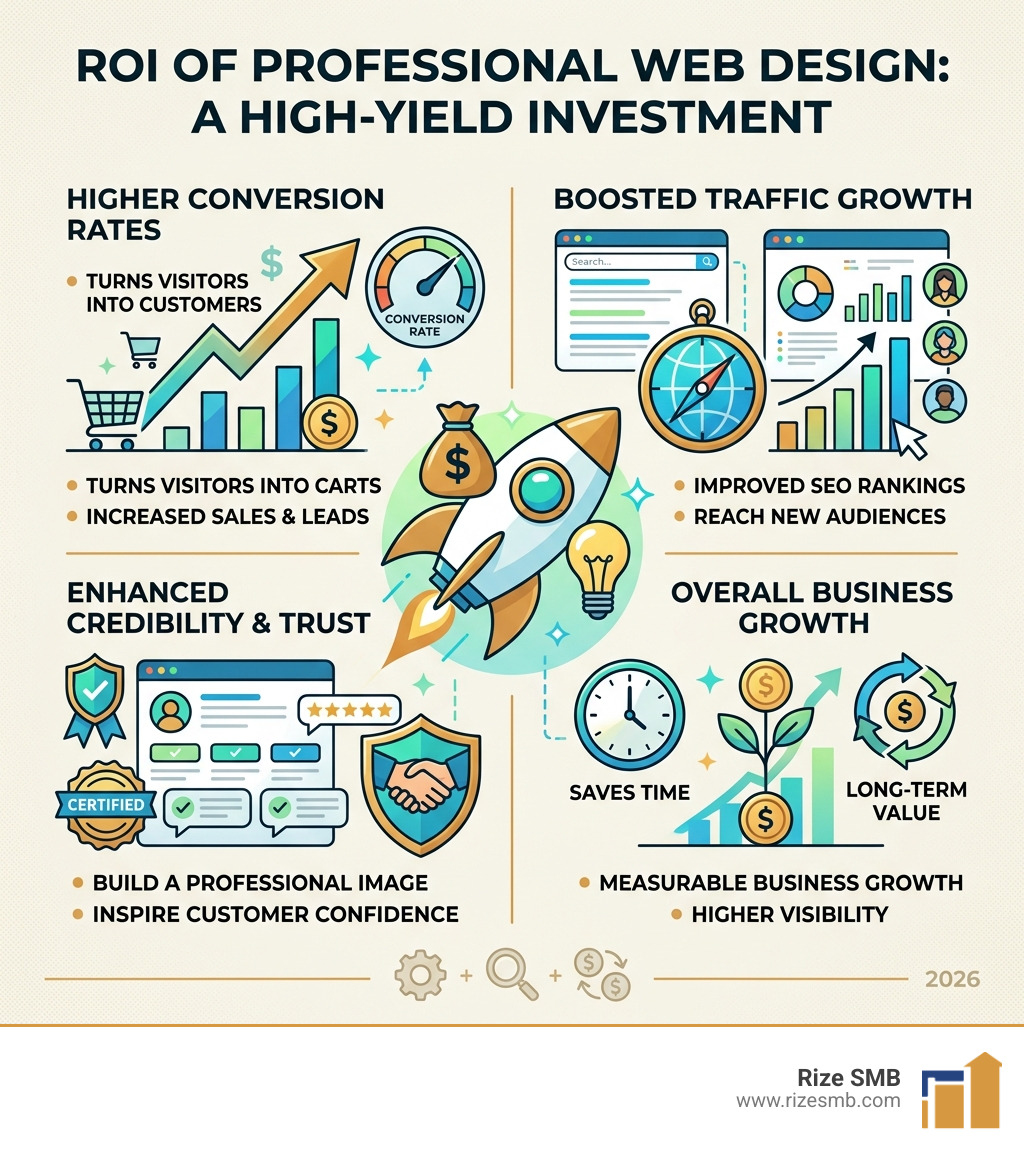 infographic showing ROI of professional web design: conversion rates, traffic growth, credibility stats - professional