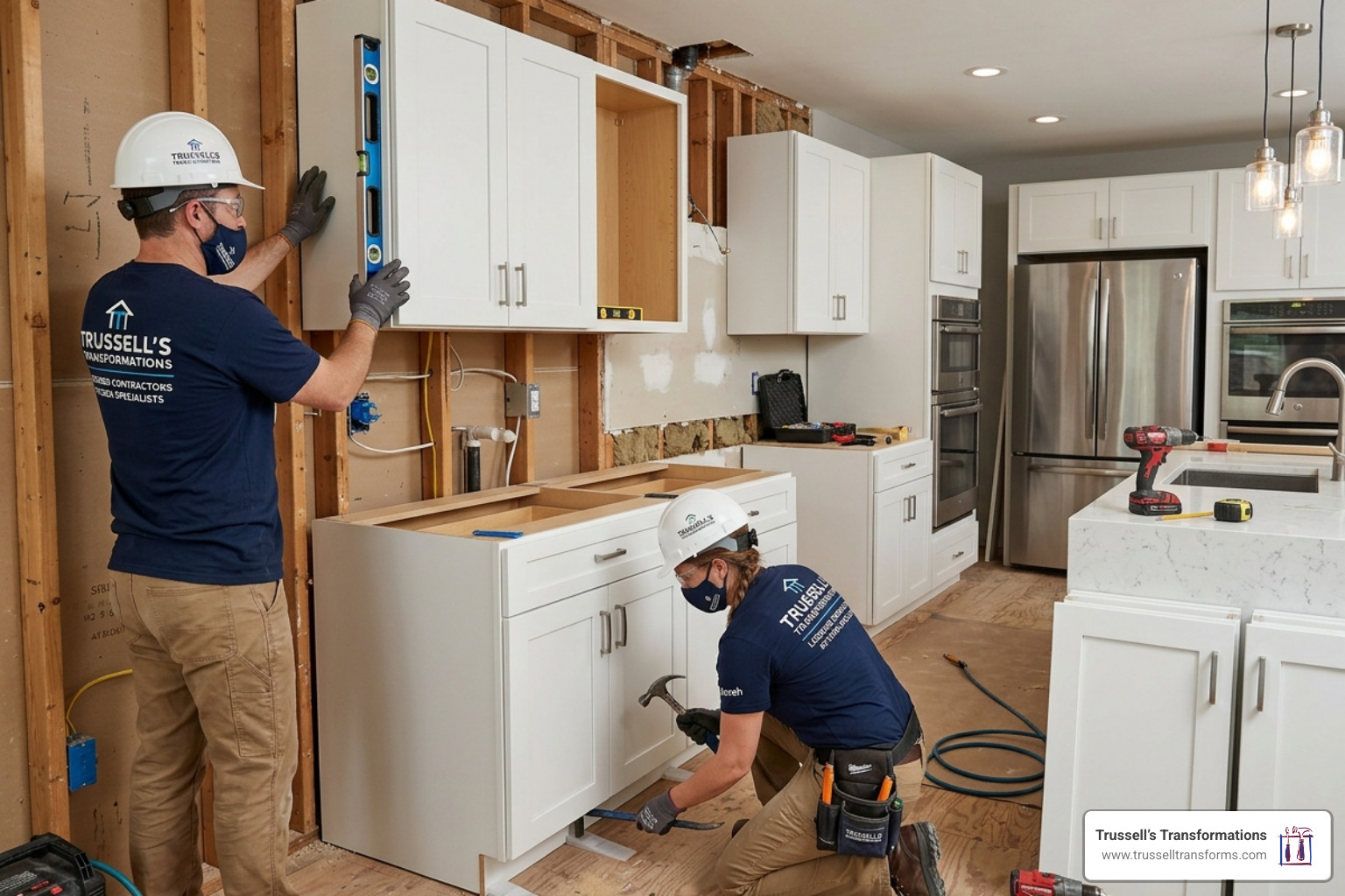 Licensed Contractors From Trussell's Transformations Installing Kitchen Cabinets - Best Way To Install Cabinets Licensed Contractors From Trussell's Transformations Installing Kitchen Cabinets - Best Way To Install Cabinets