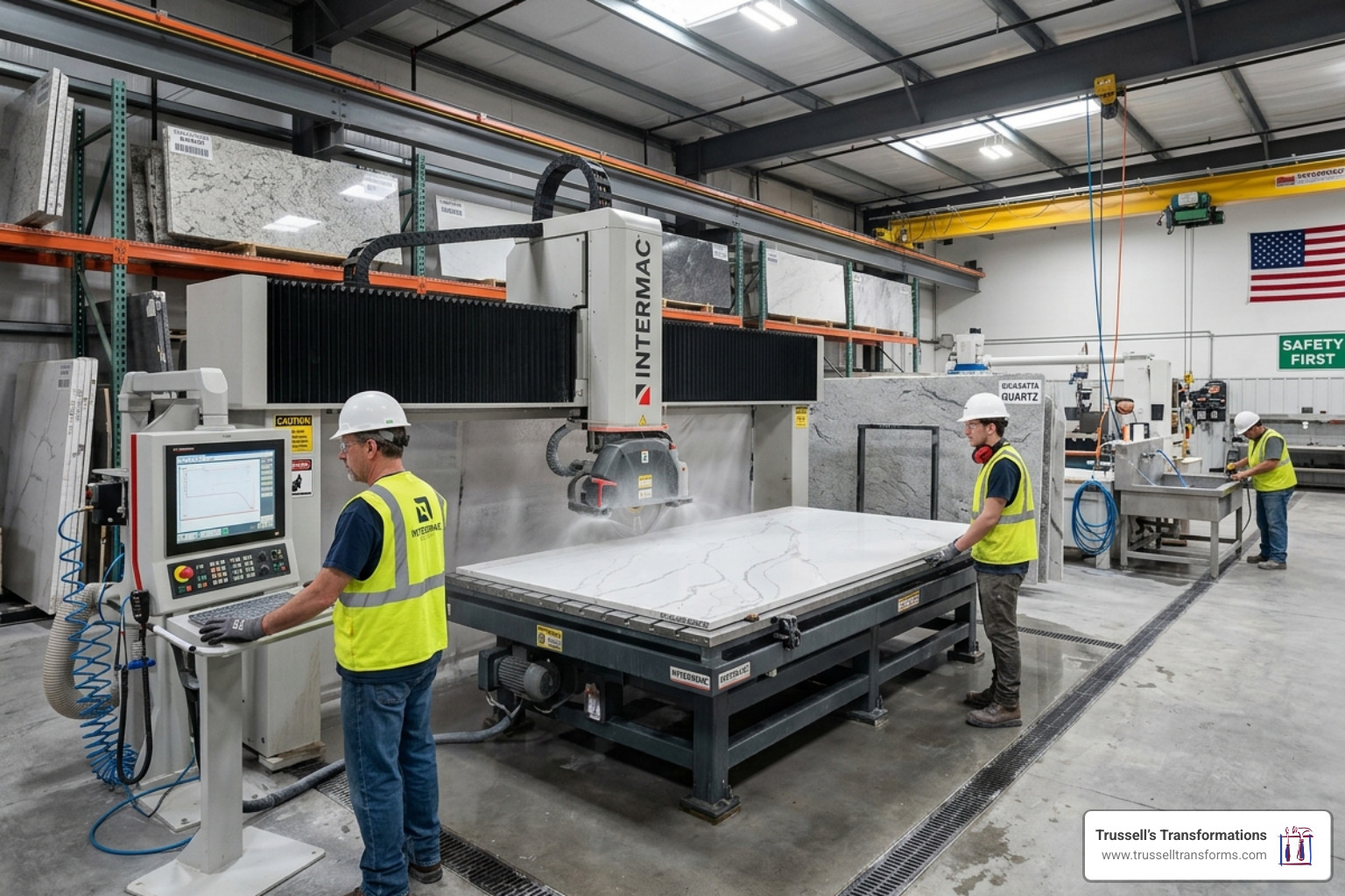 Professional Fabrication Facility Showing High-Tech Machinery For Cutting Stone Slabs - Countertops Companies Near Me Professional Fabrication Facility Showing High-Tech Machinery For Cutting Stone Slabs - Countertops Companies Near Me