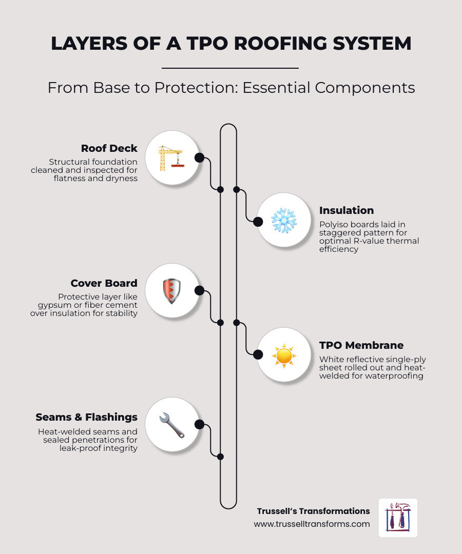 Layers Of A Tpo Roofing System Infographic Showing Deck, Insulation, Cover Board, And Membrane - Tpo Roofing Membrane Layers Of A Tpo Roofing System Infographic Showing Deck, Insulation, Cover Board, And Membrane - Tpo Roofing Membrane