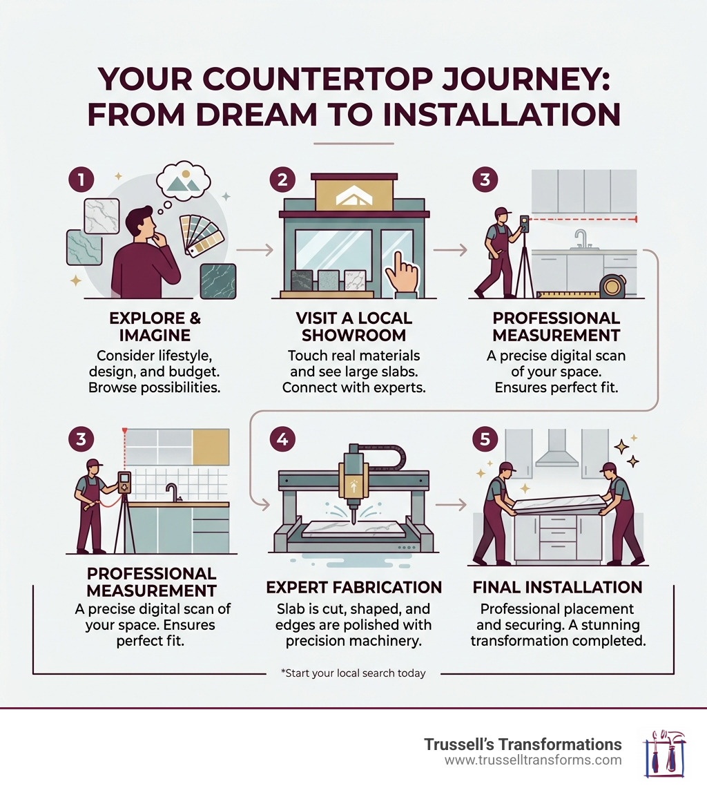 Countertop Selection And Installation Journey Infographic: Steps From Choosing Material To Showroom Visit, Measurement Countertop Selection And Installation Journey Infographic: Steps From Choosing Material To Showroom Visit, Measurement