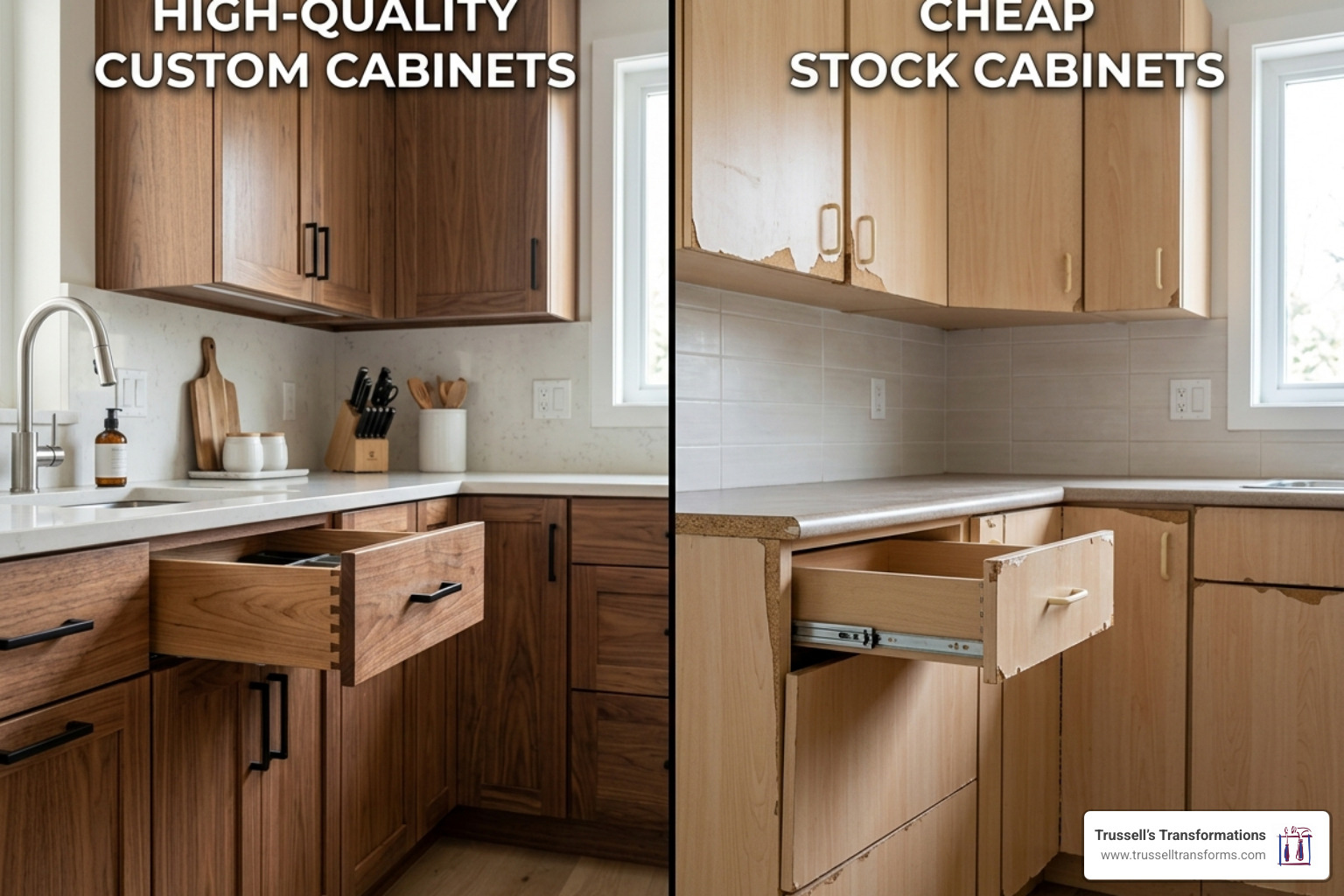 Comparison Of Custom Vs Stock Cabinet Construction Showing Solid Wood Vs Particleboard - Kitchen Cabinet Maker Near Me