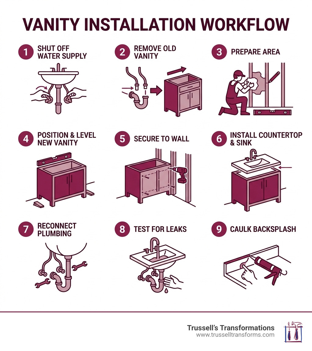 Vanity Installation Workflow: Steps From Water Shutoff To Final Caulk Seal - Vanity Unit Installation Infographic Vanity Installation Workflow: Steps From Water Shutoff To Final Caulk Seal - Vanity Unit Installation Infographic