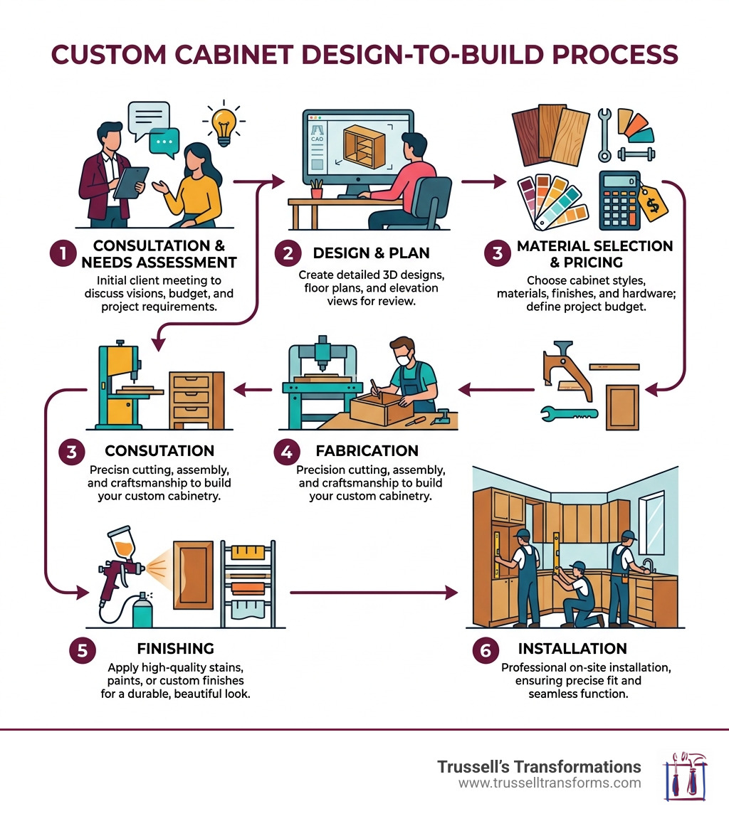 Custom Cabinet Design-To-Build Process Infographic Showing Steps From Consultation To Installation - Kitchen Cabinet Maker