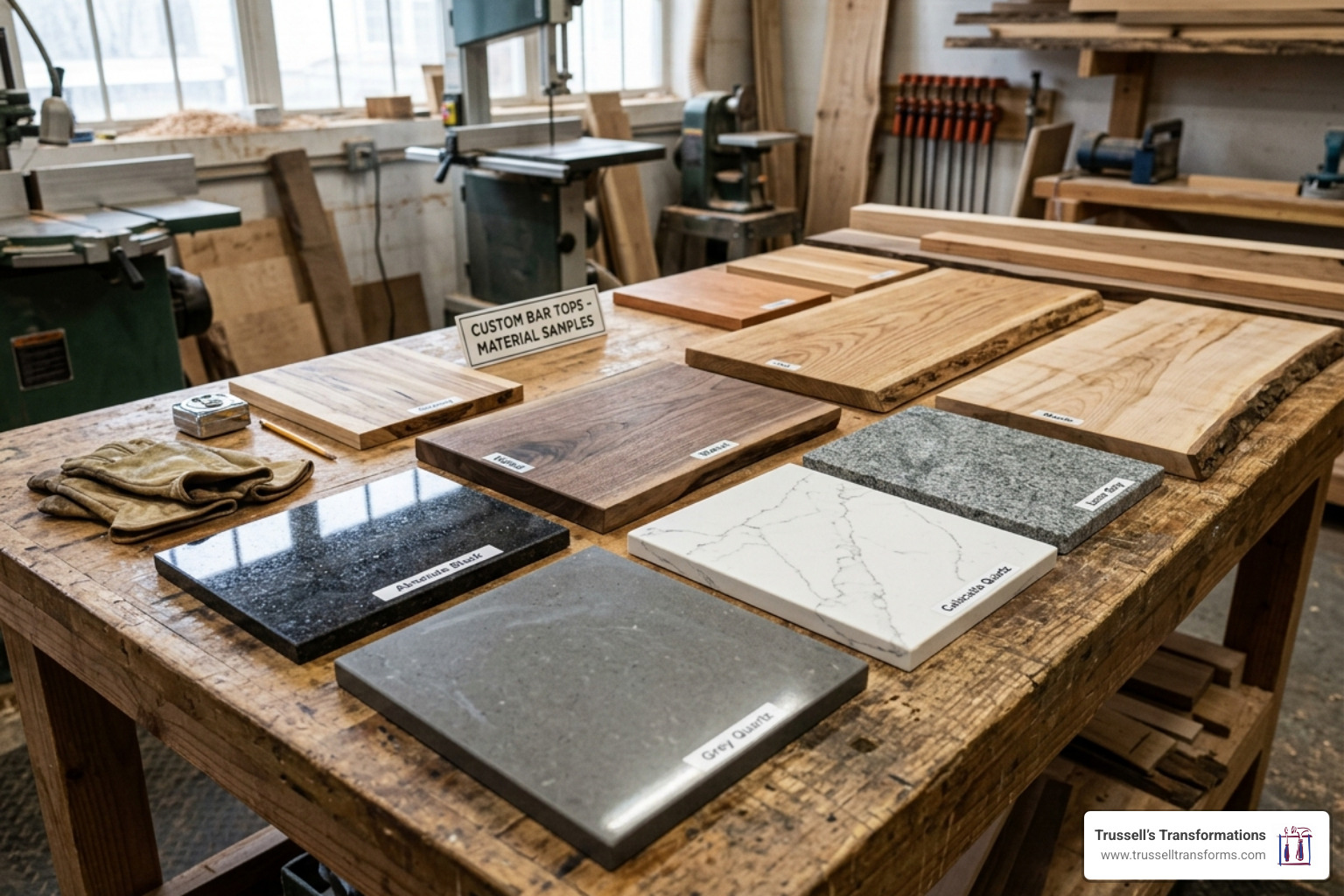 Material Samples Including Various Wood Species And Stone Slabs For Custom Bar Tops - Custom Bar Tops Material Samples Including Various Wood Species And Stone Slabs For Custom Bar Tops - Custom Bar Tops