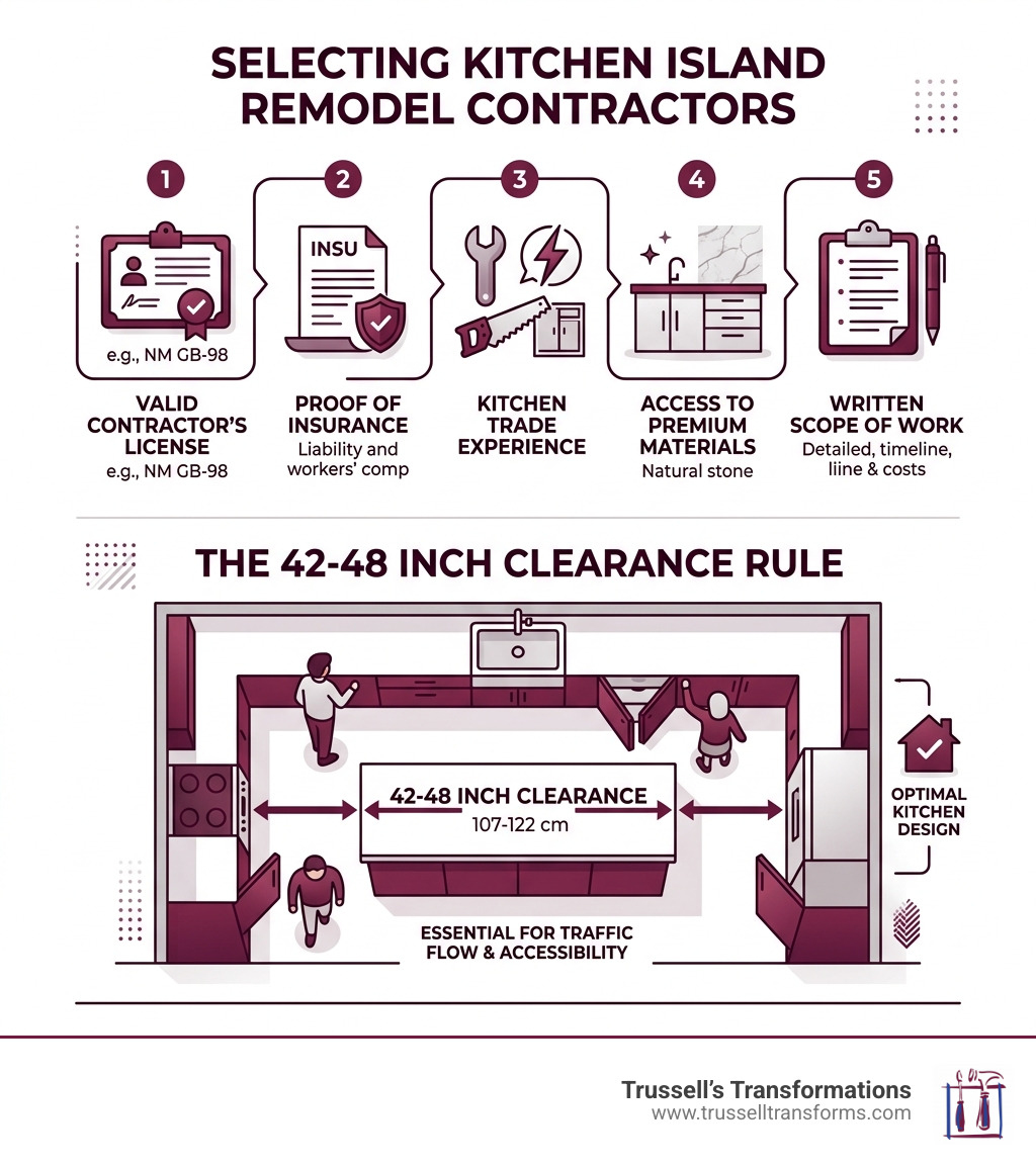 Infographic Showing Key Criteria For Choosing Kitchen Island Remodel Contractors And 42-48 Inch Clearance Rule - Kitchen