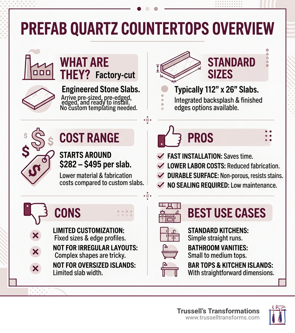Infographic Showing Prefab Quartz Countertop Overview: Definition, Standard Sizes, Cost Range, Pros, Cons, And Best Use Infographic Showing Prefab Quartz Countertop Overview: Definition, Standard Sizes, Cost Range, Pros, Cons, And Best Use