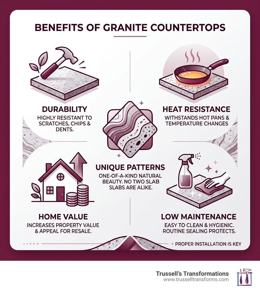 Benefits Of Granite Countertops Infographic: Durability, Heat Resistance, Unique Patterns, Home Value, Low Maintenance Benefits Of Granite Countertops Infographic: Durability, Heat Resistance, Unique Patterns, Home Value, Low Maintenance