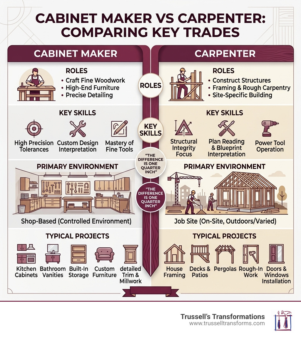 Infographic Comparing Cabinet Maker Vs Carpenter Roles, Skills, Environments, And Project Types - Cabinet Maker Carpenter Infographic Comparing Cabinet Maker Vs Carpenter Roles, Skills, Environments, And Project Types - Cabinet Maker Carpenter