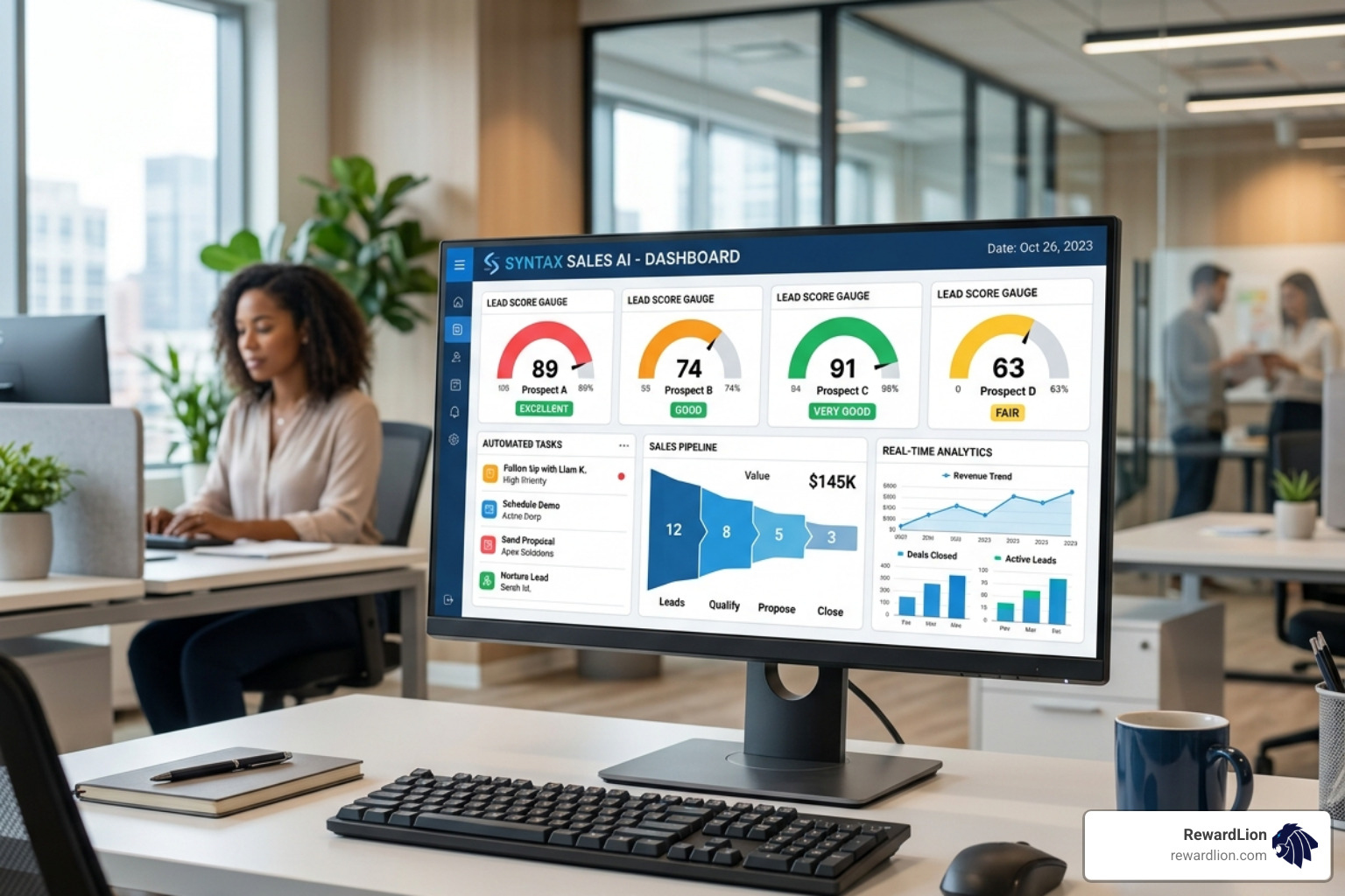 modern AI sales interface showing lead scores and automated tasks - sales automation ai tools modern AI sales interface showing lead scores and automated tasks - sales automation ai tools