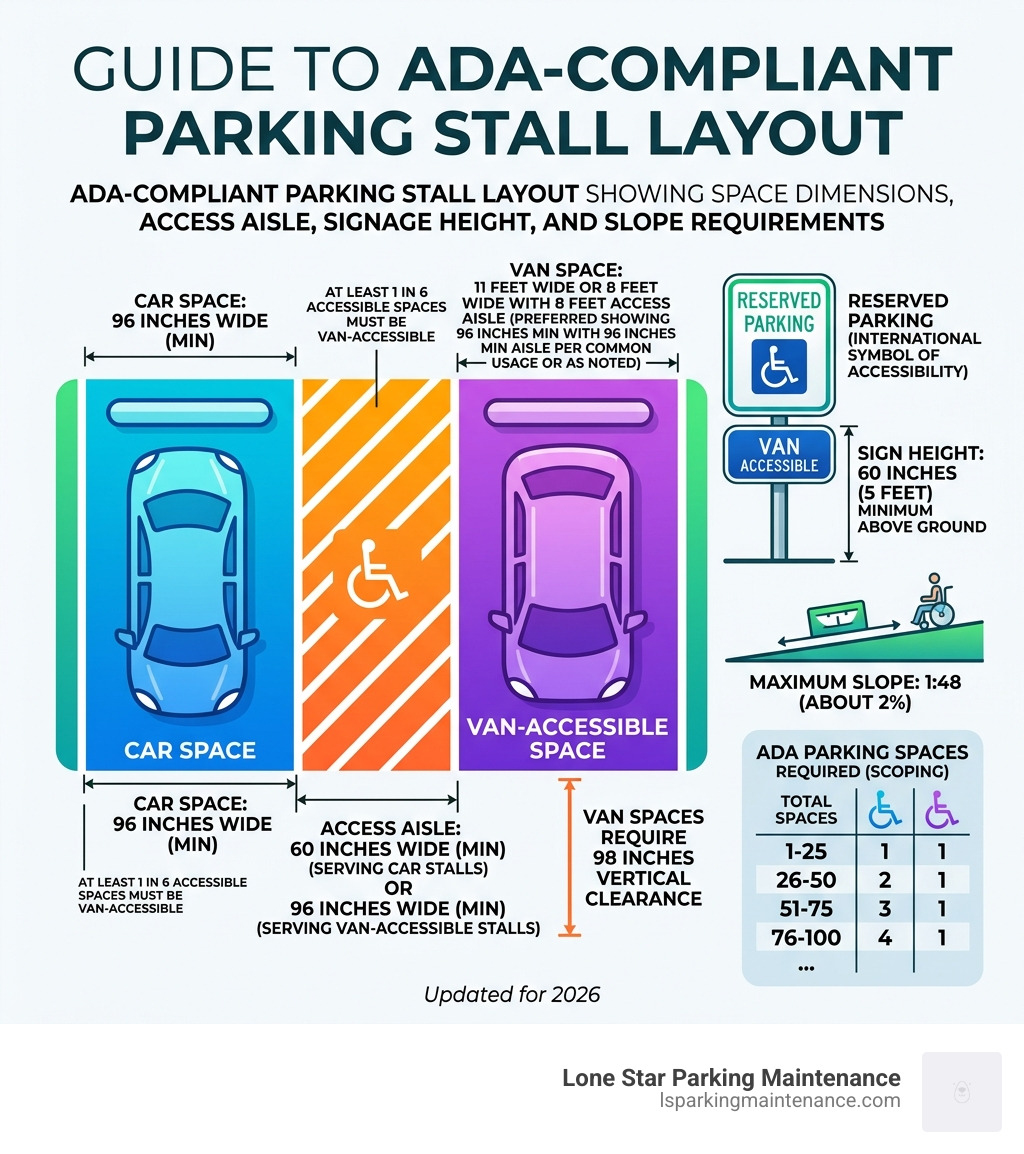 ADA-compliant parking stall layout showing space dimensions, access aisle, signage height, and slope requirements - ada ADA-compliant parking stall layout showing space dimensions, access aisle, signage height, and slope requirements - ada