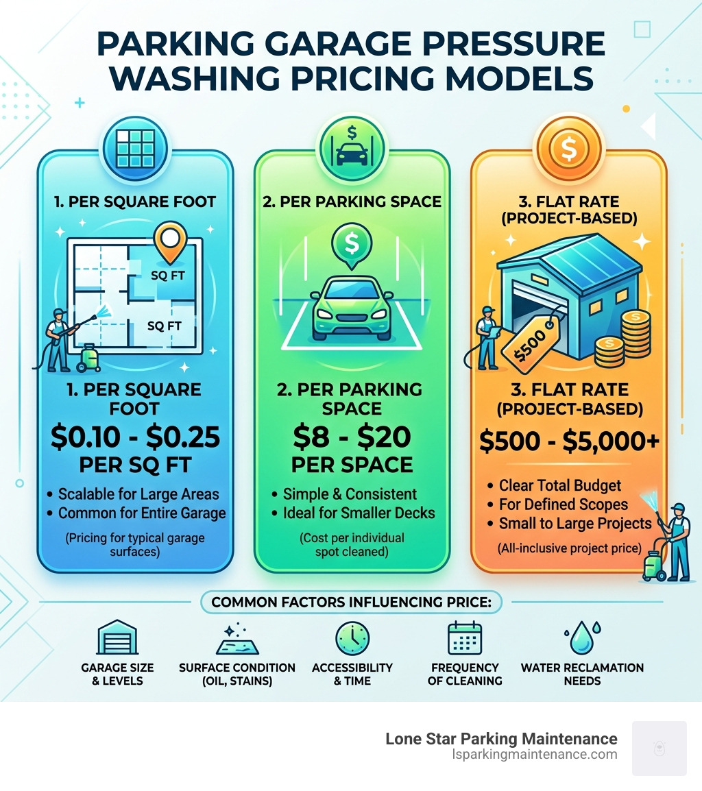 Infographic showing parking garage pressure washing pricing ranges by method, from per sq ft to per space to flat rate Infographic showing parking garage pressure washing pricing ranges by method, from per sq ft to per space to flat rate
