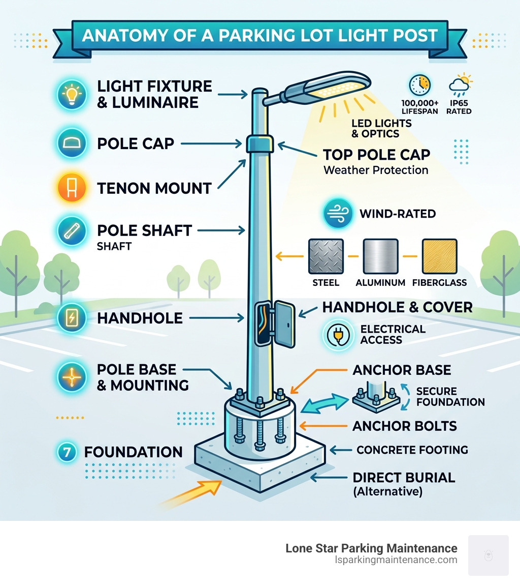 Infographic showing anatomy of a parking lot light post and its key components - parking lot light post infographic Infographic showing anatomy of a parking lot light post and its key components - parking lot light post infographic