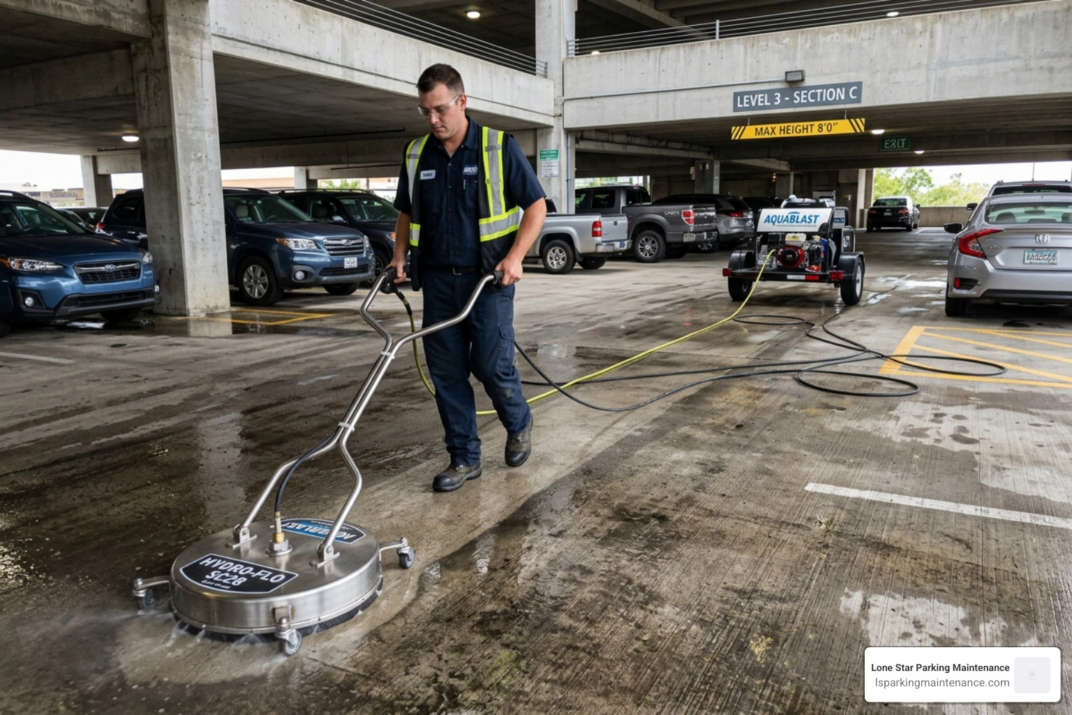 Technician using a professional surface cleaner on a concrete parking garage floor - parking garage pressure washing pricing Technician using a professional surface cleaner on a concrete parking garage floor - parking garage pressure washing pricing