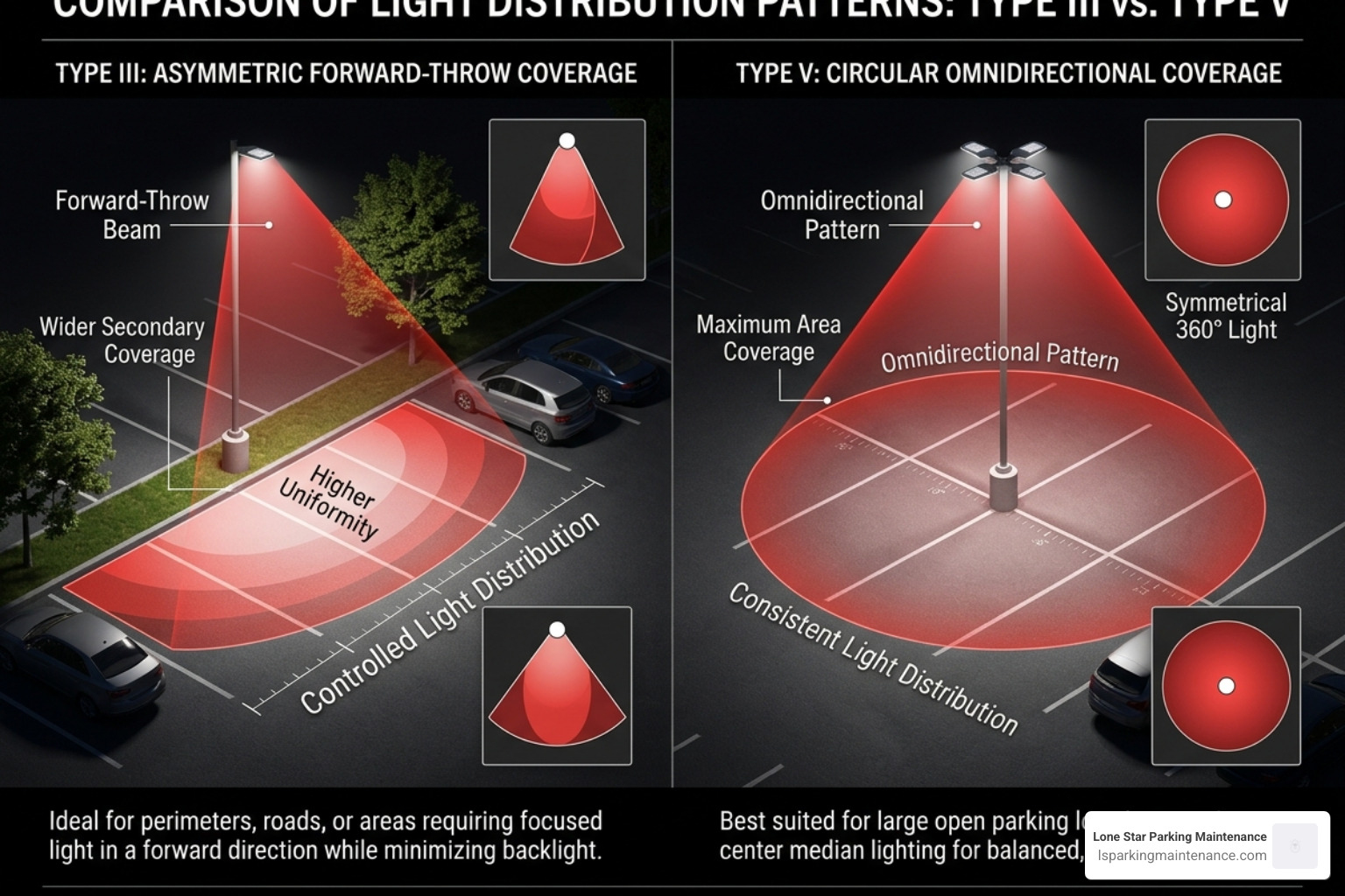 Light distribution patterns showing Type III and Type V coverage - parking lot light post Light distribution patterns showing Type III and Type V coverage - parking lot light post