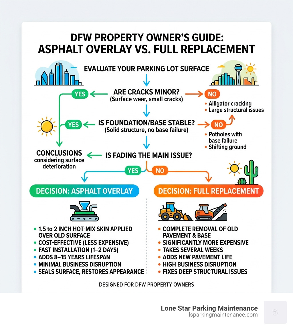 Asphalt overlay vs full replacement decision tree for DFW property owners - overlay asphalt repairs DFW infographic Asphalt overlay vs full replacement decision tree for DFW property owners - overlay asphalt repairs DFW infographic