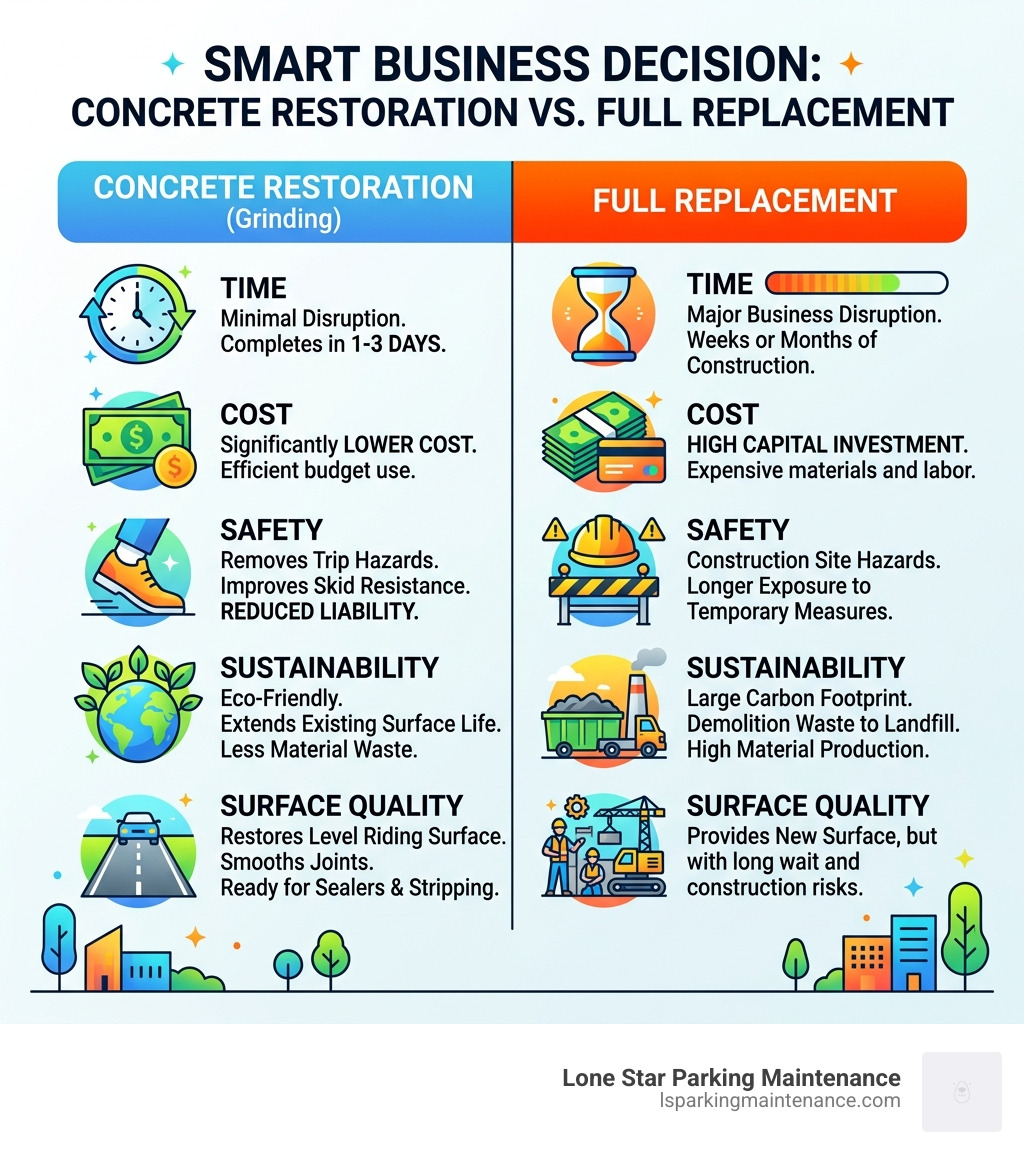 Benefits of concrete restoration vs. full replacement comparison infographic - concrete grinding parking lots infographic Benefits of concrete restoration vs. full replacement comparison infographic - concrete grinding parking lots infographic