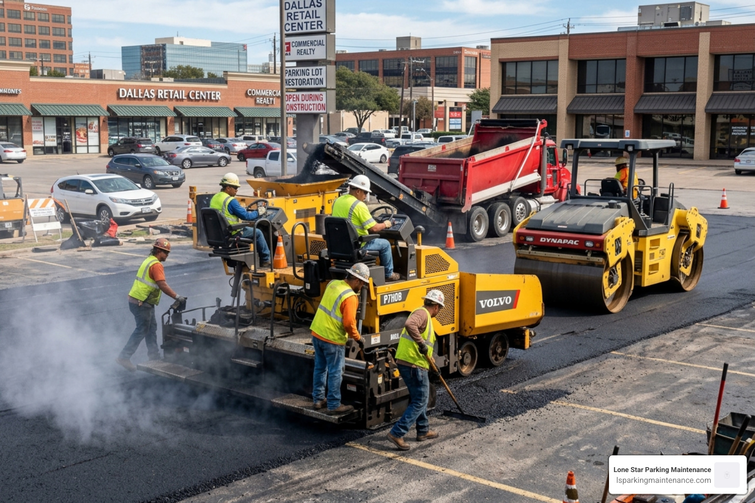 Paving crew laying a fresh hot-mix asphalt course in a Dallas parking lot - overlay asphalt repairs DFW Paving crew laying a fresh hot-mix asphalt course in a Dallas parking lot - overlay asphalt repairs DFW