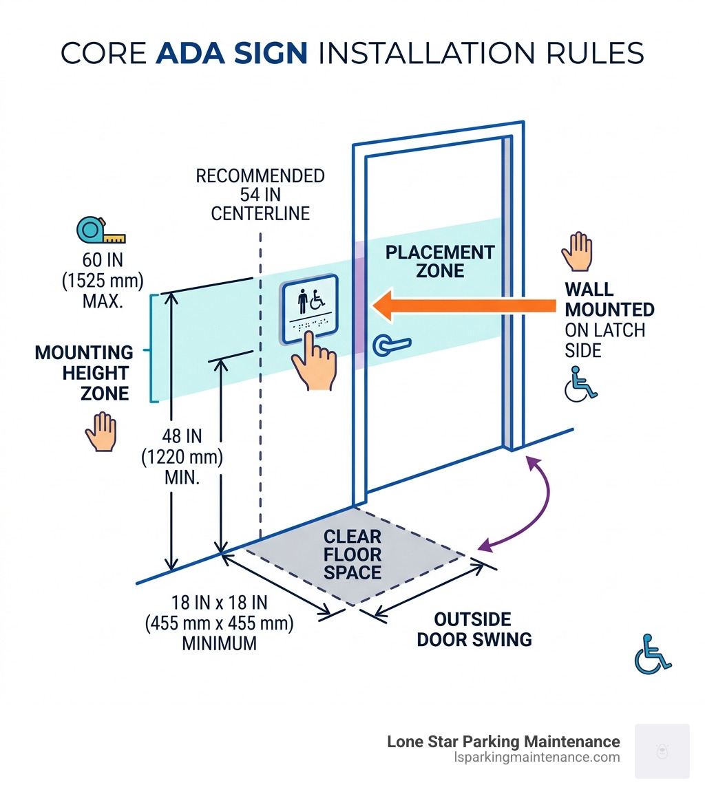 Infographic showing ADA sign placement zones, mounting heights 48-60 inches, latch side position, and 18x18 clear floor Infographic showing ADA sign placement zones, mounting heights 48-60 inches, latch side position, and 18x18 clear floor