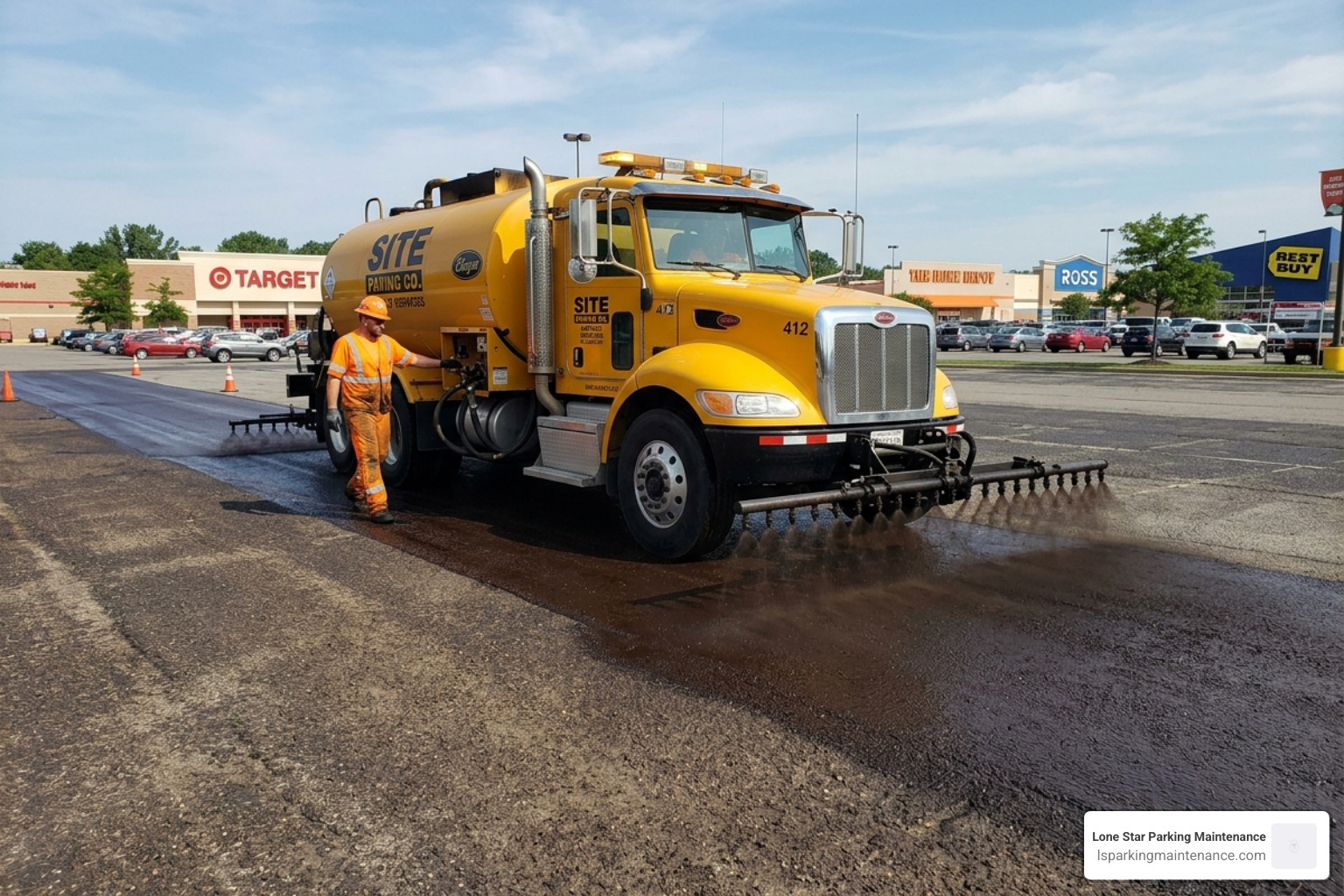 Spray truck applying liquid asphalt binder to a parking lot surface - chip seal parking lot Spray truck applying liquid asphalt binder to a parking lot surface - chip seal parking lot