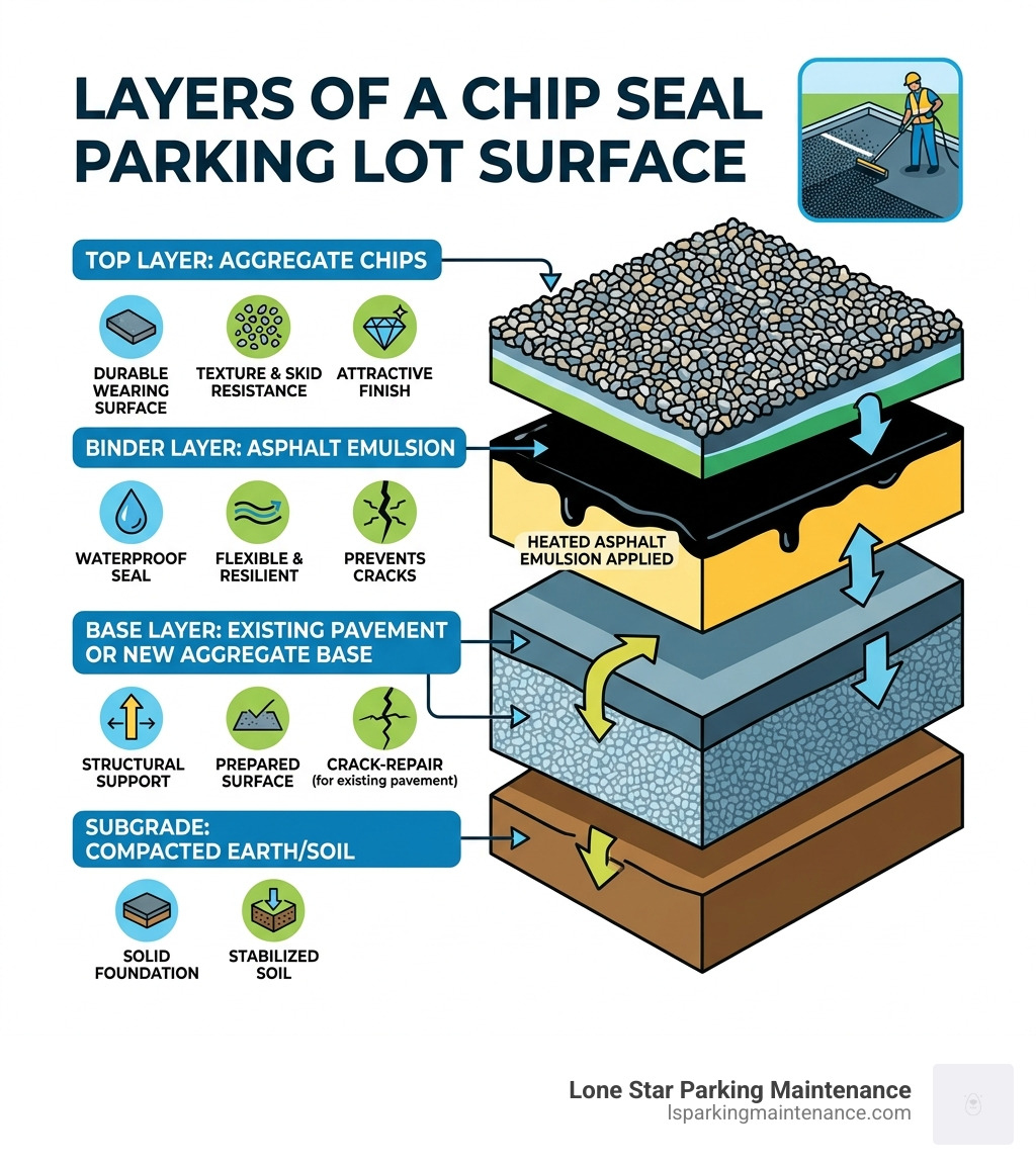 Infographic showing layers of a chip seal parking lot surface from base to aggregate - chip seal parking lot infographic Infographic showing layers of a chip seal parking lot surface from base to aggregate - chip seal parking lot infographic