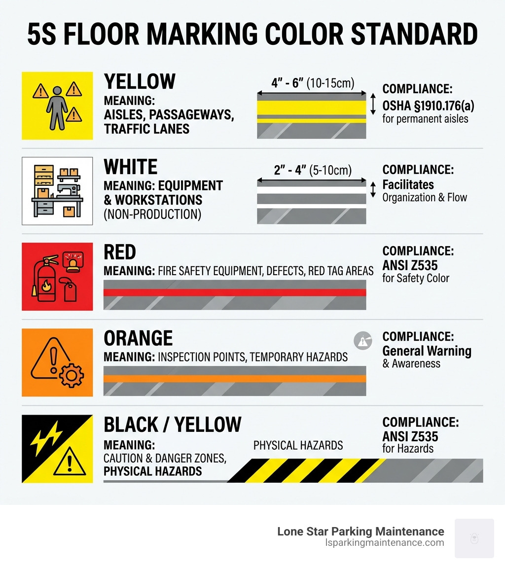 5S floor marking color standard with color meanings, widths, and compliance requirements - compliant safety line striping 5S floor marking color standard with color meanings, widths, and compliance requirements - compliant safety line striping
