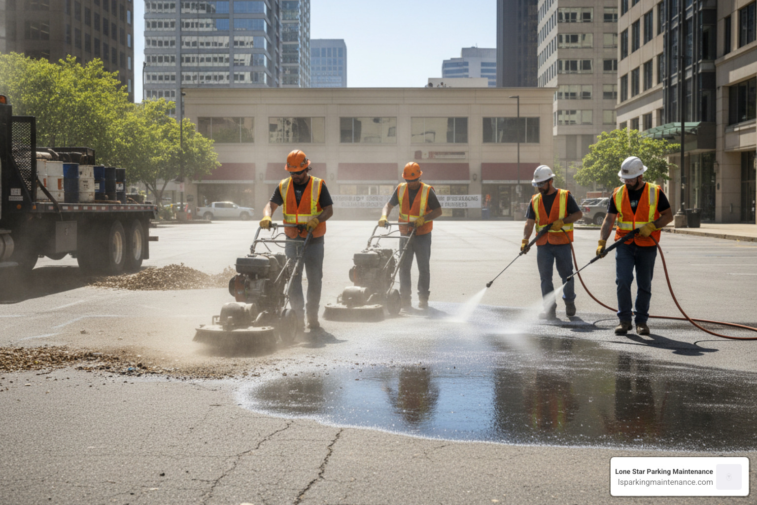 Professional crew power sweeping and cleaning a commercial asphalt surface before sealing - restaurant parking lot sealing Professional crew power sweeping and cleaning a commercial asphalt surface before sealing - restaurant parking lot sealing