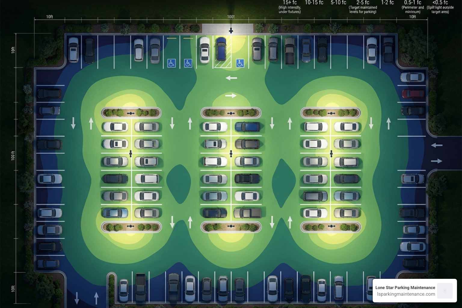 Diagram showing light spread and foot-candle distribution on a 10,000 sq ft parking lot - recommended lumens for parking lot Diagram showing light spread and foot-candle distribution on a 10,000 sq ft parking lot - recommended lumens for parking lot