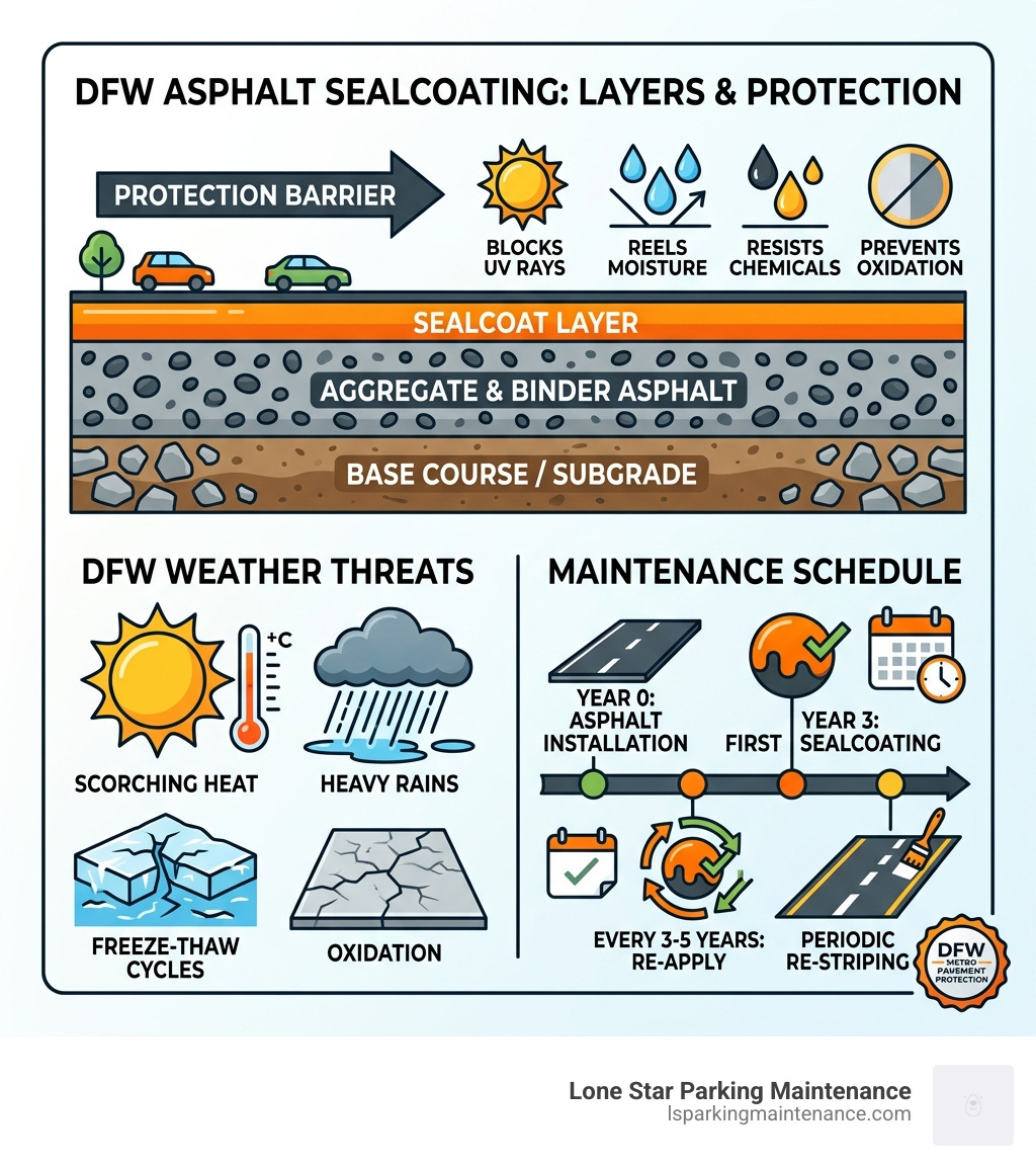 Infographic showing sealcoating layers, protection barrier, DFW weather threats, and maintenance schedule - asphalt sealing Infographic showing sealcoating layers, protection barrier, DFW weather threats, and maintenance schedule - asphalt sealing