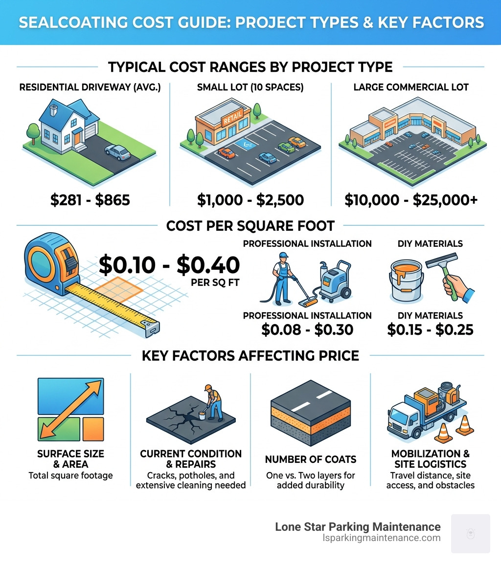 Infographic showing sealcoating cost ranges by project type, cost per sq ft, and key factors affecting price - sealcoating Infographic showing sealcoating cost ranges by project type, cost per sq ft, and key factors affecting price - sealcoating