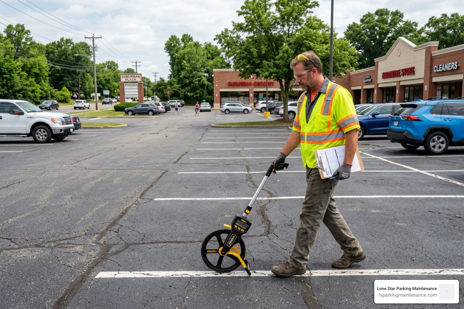 Contractor measuring a parking lot for sealcoating estimate - sealcoating cost Contractor measuring a parking lot for sealcoating estimate - sealcoating cost