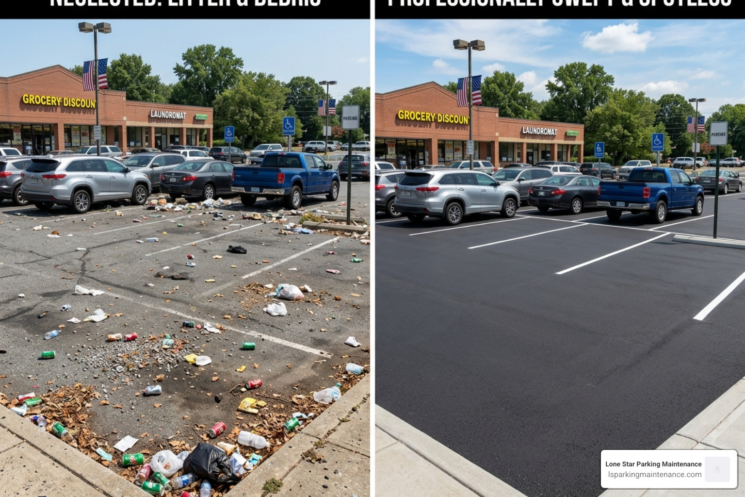 comparison of a neglected debris-filled parking lot versus a professionally swept clean lot - parking lot sweeping business comparison of a neglected debris-filled parking lot versus a professionally swept clean lot - parking lot sweeping business