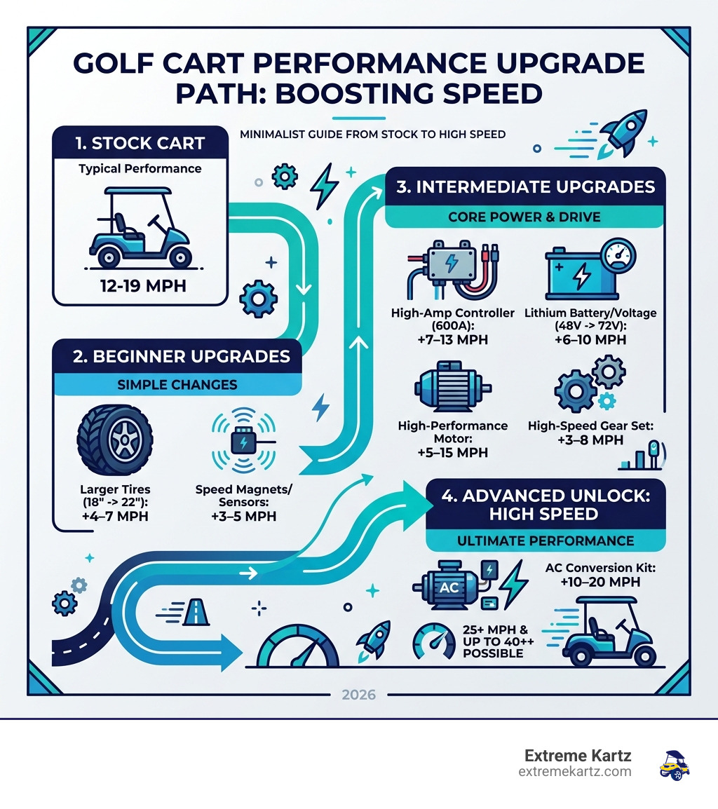 infographic showing golf cart performance upgrade path from stock to high speed with speed gains per upgrade - golf cart