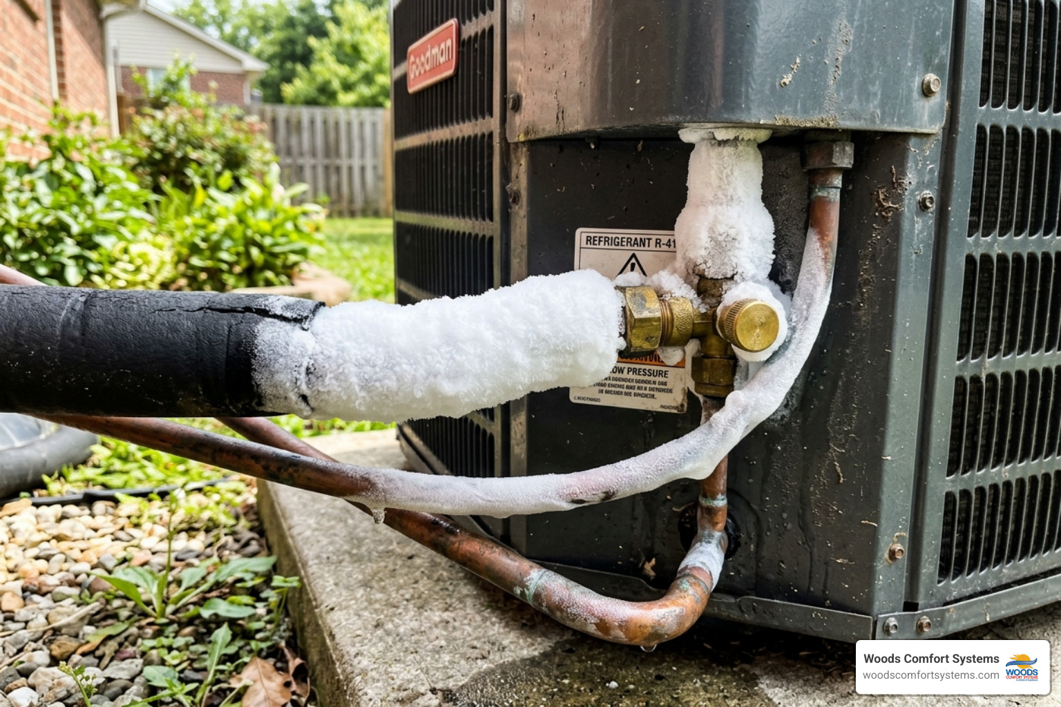 Central air conditioning unit with visible frost on the copper lines indicating a leak - ac freon leak repair cost