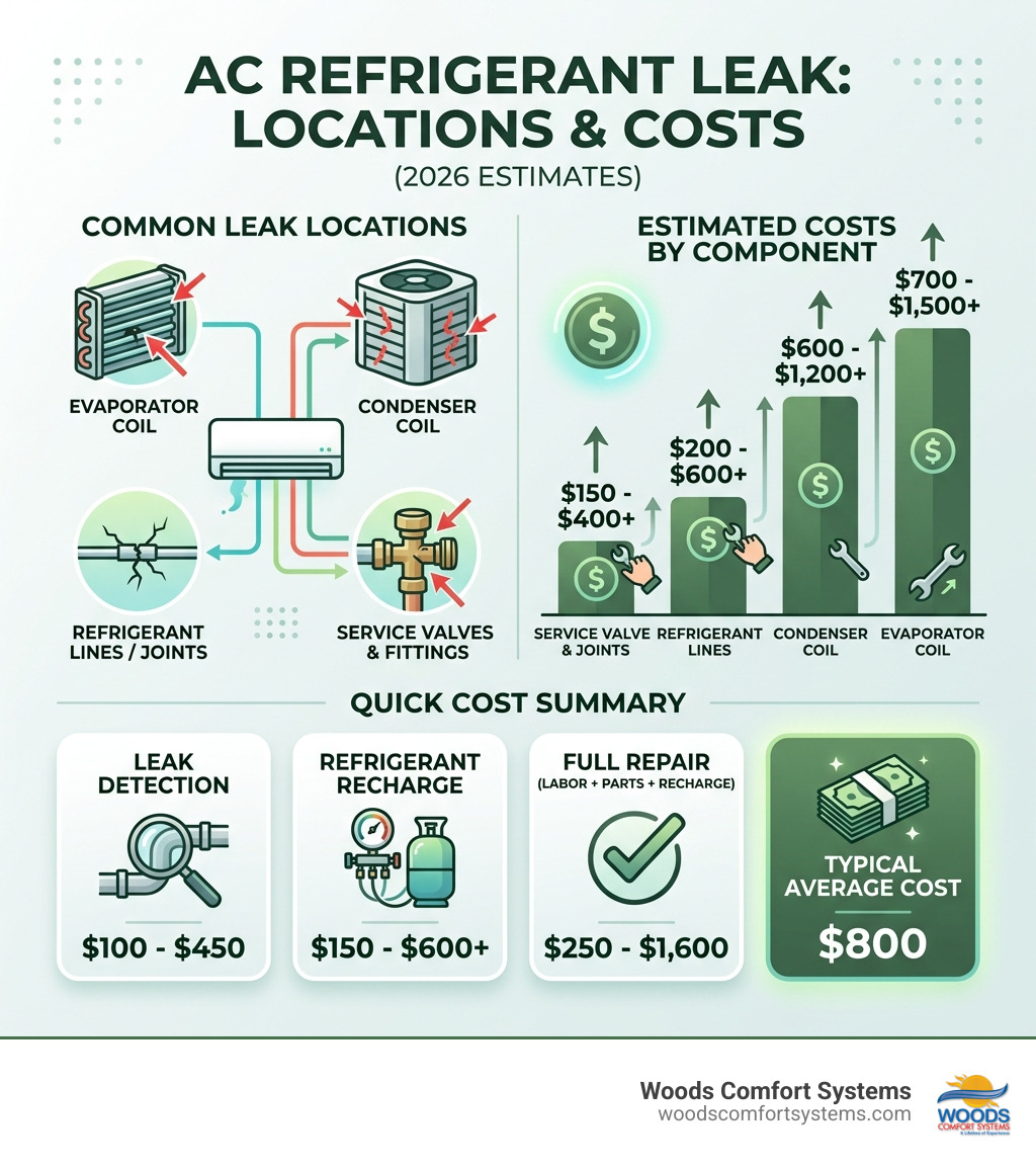 Infographic showing common AC refrigerant leak locations, costs by component, and quick cost summary - ac freon leak repair