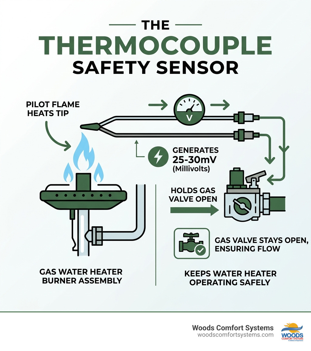 Infographic showing thermocouple as safety sensor: pilot flame heats tip, generates 25-30mV, gas valve stays open - dirty