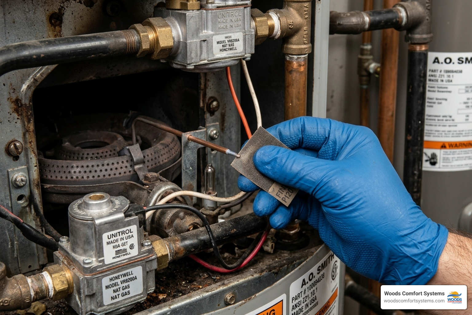 Technician cleaning a thermocouple tip with fine sandpaper - dirty thermocouple water heater