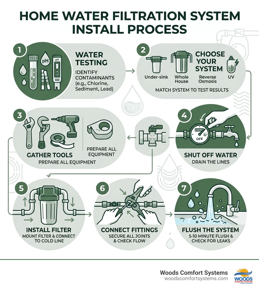 Steps of a home water filtration system install process from water testing to flushing - water filtration system install