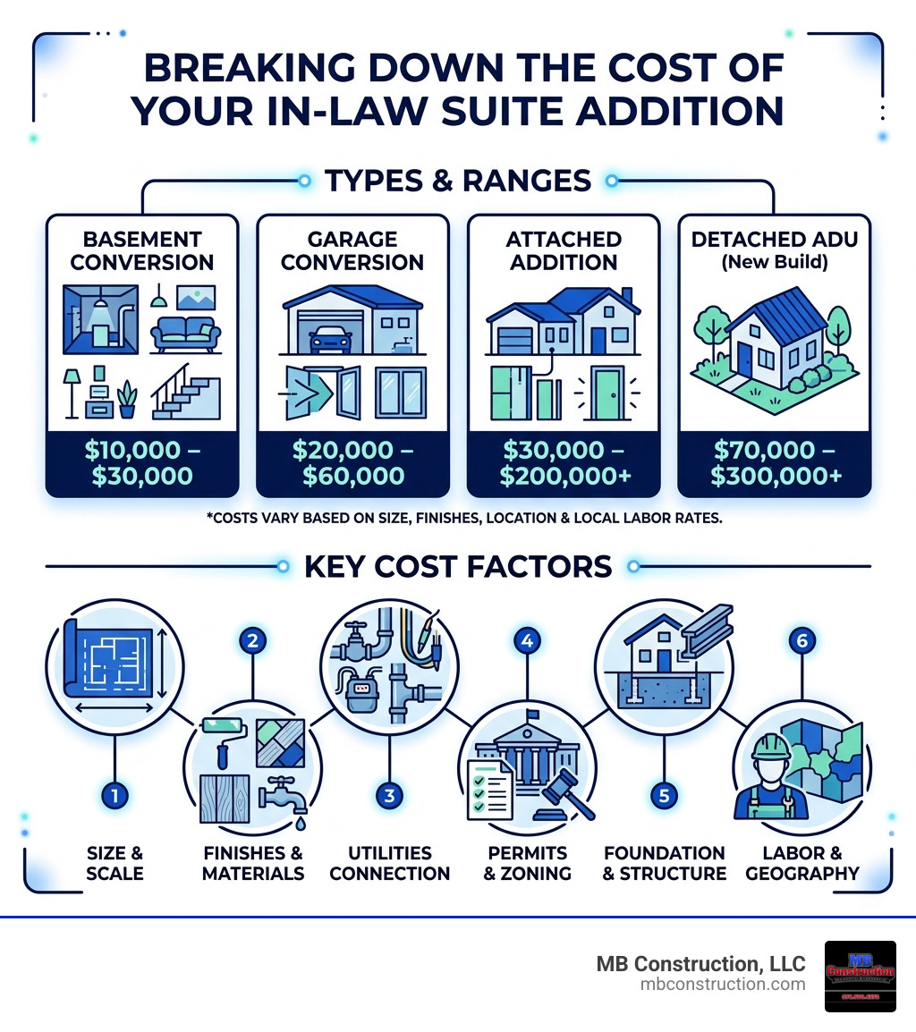 In-law suite addition cost breakdown infographic with types, ranges, and key cost factors - in-law suite addition cost