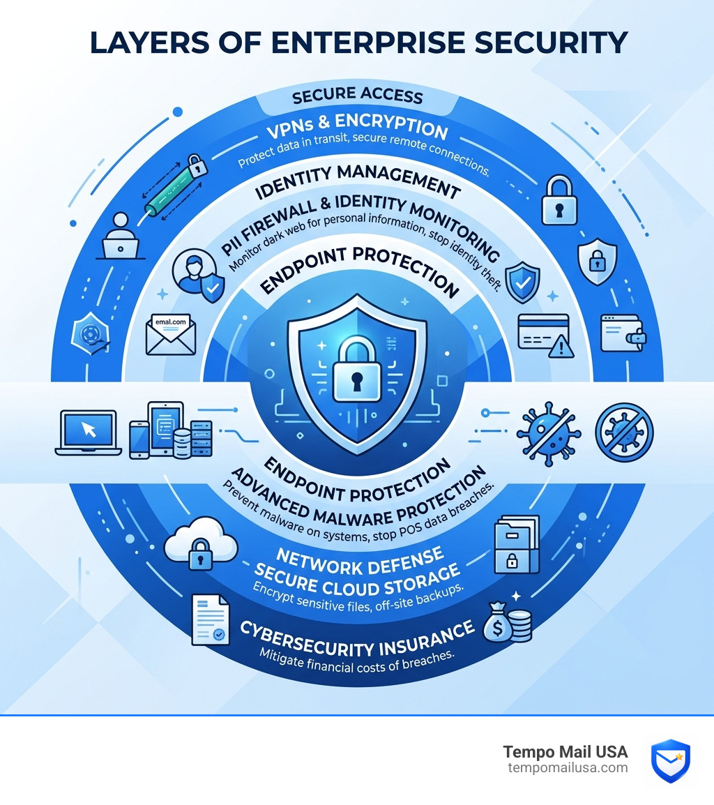 Infographic showing the layers of enterprise security from VPNs to Malware Protection - quick change scam infographic Infographic showing the layers of enterprise security from VPNs to Malware Protection - quick change scam infographic