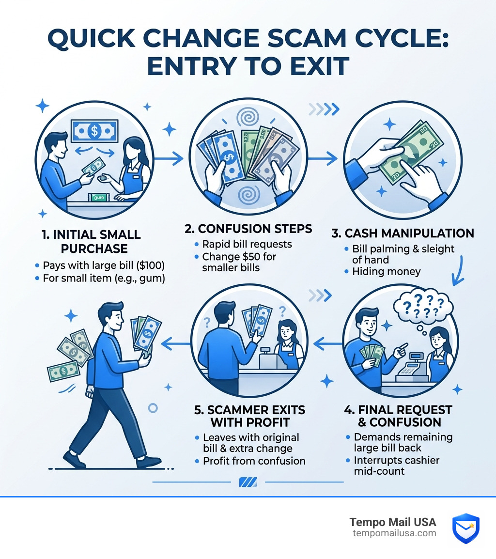 Infographic showing the quick change scam cycle from entry to exit with cash manipulation steps - quick change scam Infographic showing the quick change scam cycle from entry to exit with cash manipulation steps - quick change scam