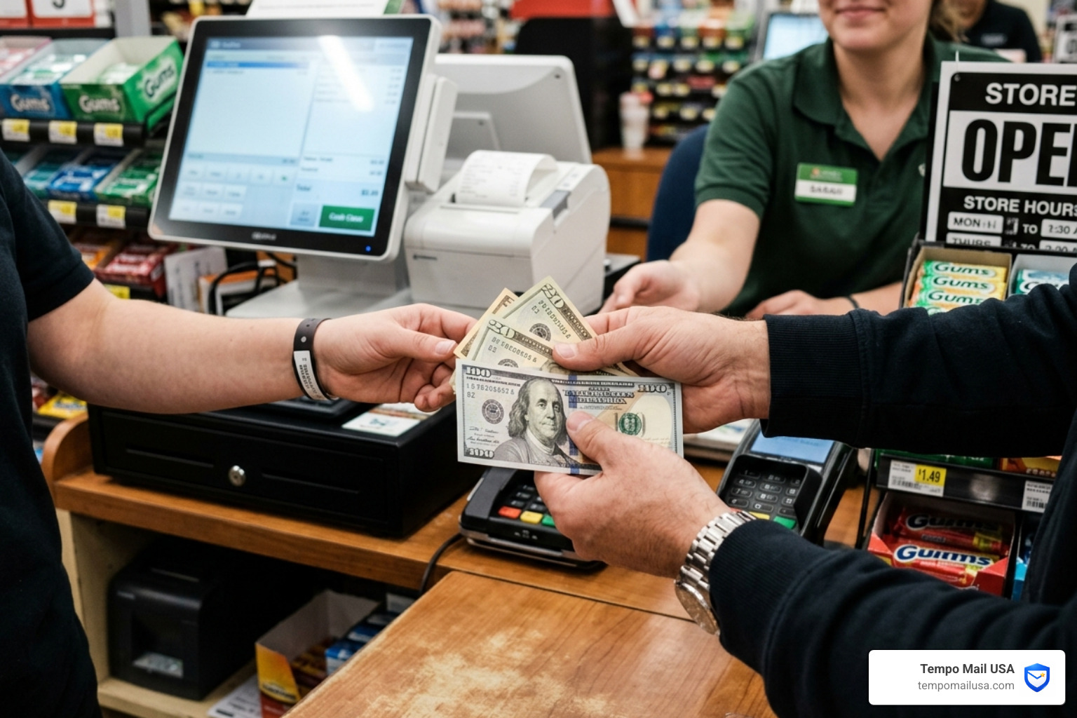 Close up of hand movements during a suspicious cash exchange palming a bill - quick change scam Close up of hand movements during a suspicious cash exchange palming a bill - quick change scam