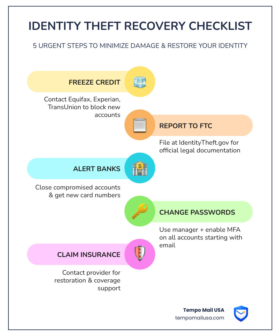 Infographic of a 5-step recovery checklist including credit freeze and FTC reporting - Best identity theft protection Infographic of a 5-step recovery checklist including credit freeze and FTC reporting - Best identity theft protection