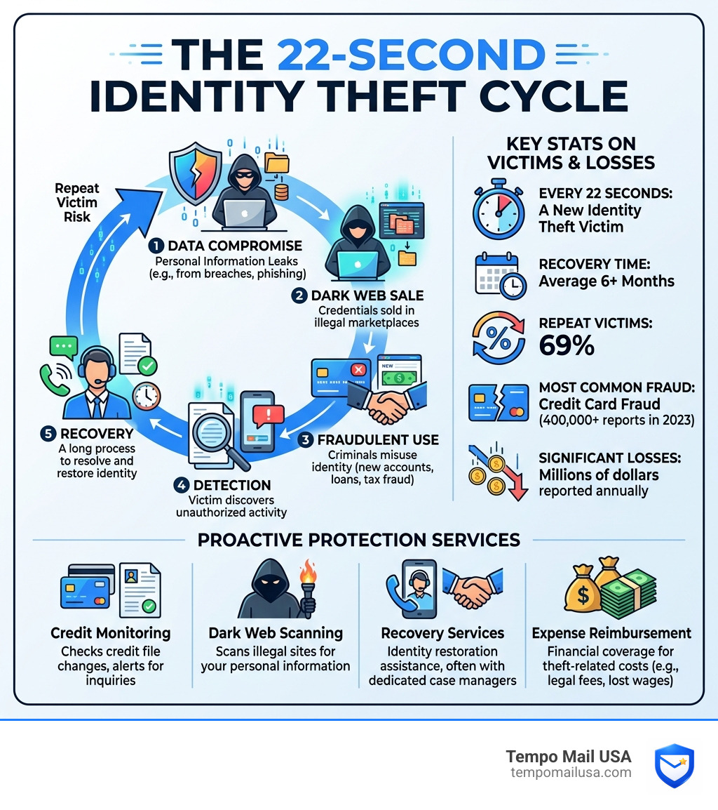 Infographic showing the 22-second identity theft cycle, top services, and key stats on victims and losses - Best identity Infographic showing the 22-second identity theft cycle, top services, and key stats on victims and losses - Best identity
