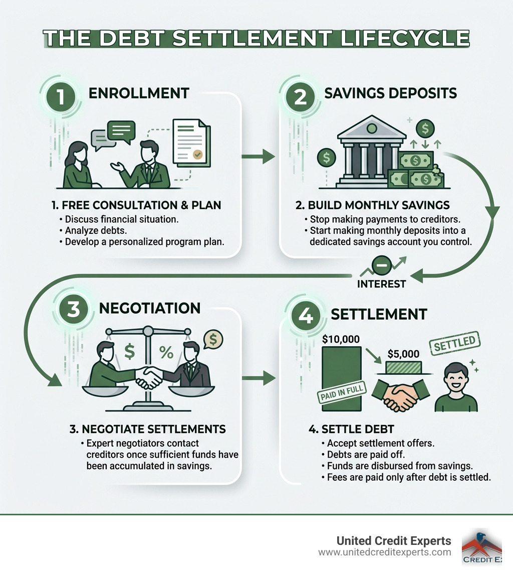 Debt settlement lifecycle infographic showing enrollment, savings deposits, negotiation, and settlement stages - debt relief Debt settlement lifecycle infographic showing enrollment, savings deposits, negotiation, and settlement stages - debt relief