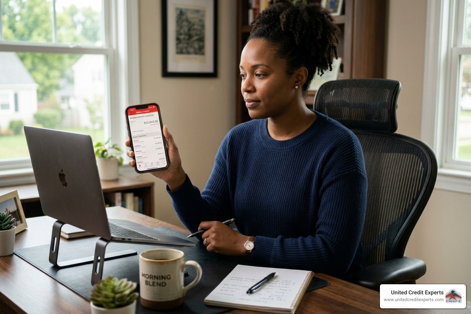 Person reviewing a savings account balance on a mobile phone - debt relief Person reviewing a savings account balance on a mobile phone - debt relief