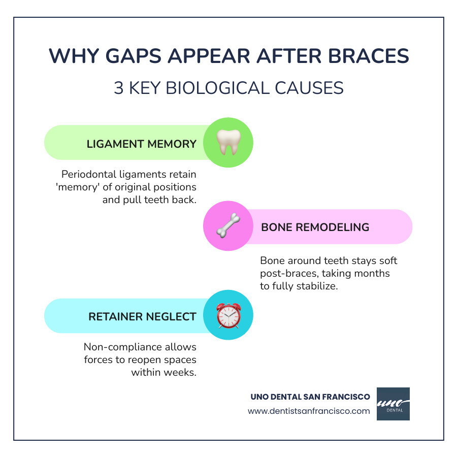 Comparison of minor natural settling vs significant orthodontic relapse - Gaps between teeth after braces infographic Comparison of minor natural settling vs significant orthodontic relapse - Gaps between teeth after braces infographic