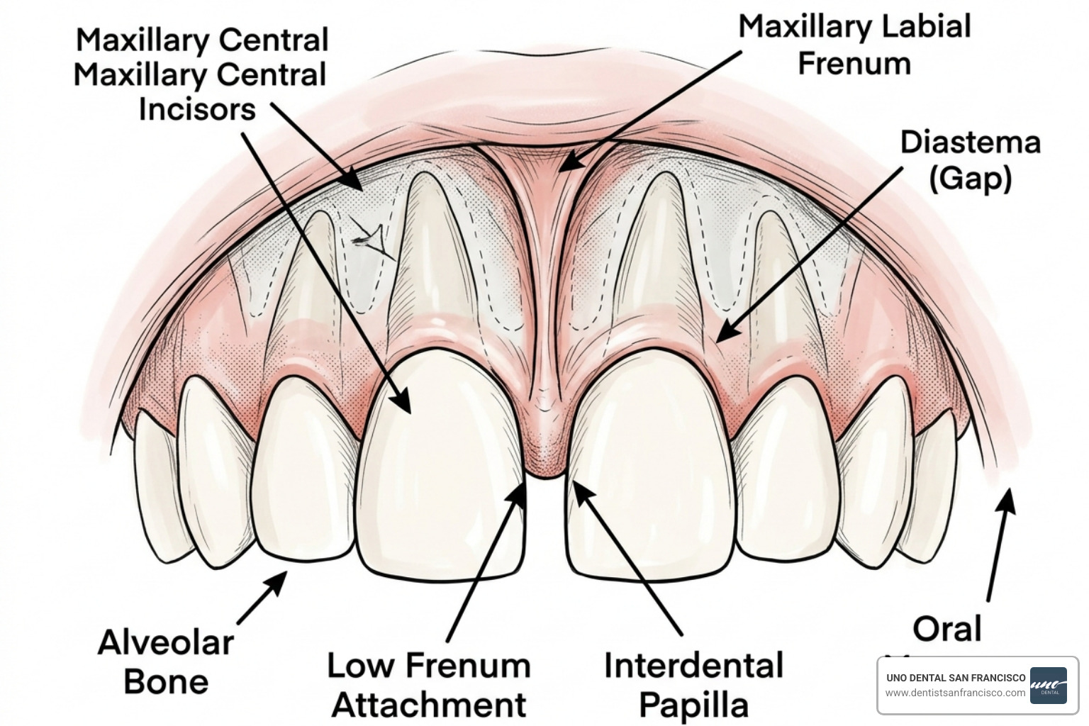 Illustration of the labial frenum acting as a wedge between front teeth - Gaps between teeth after braces Illustration of the labial frenum acting as a wedge between front teeth - Gaps between teeth after braces