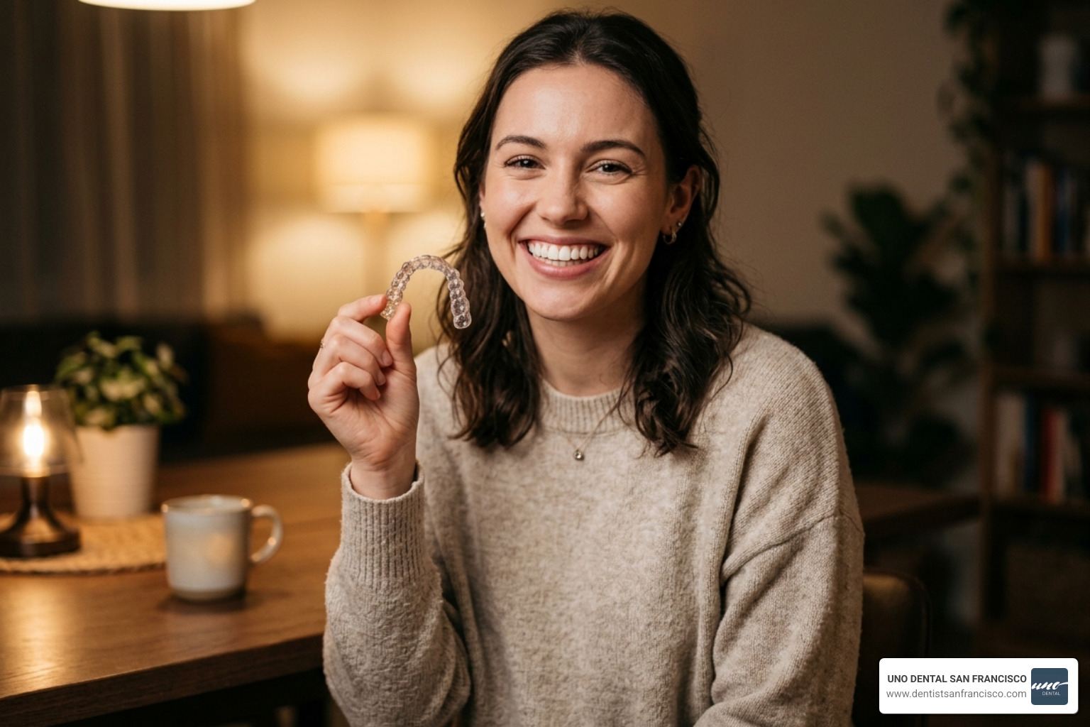 Patient smiling while holding their nightly clear retainer - Gaps between teeth after braces Patient smiling while holding their nightly clear retainer - Gaps between teeth after braces