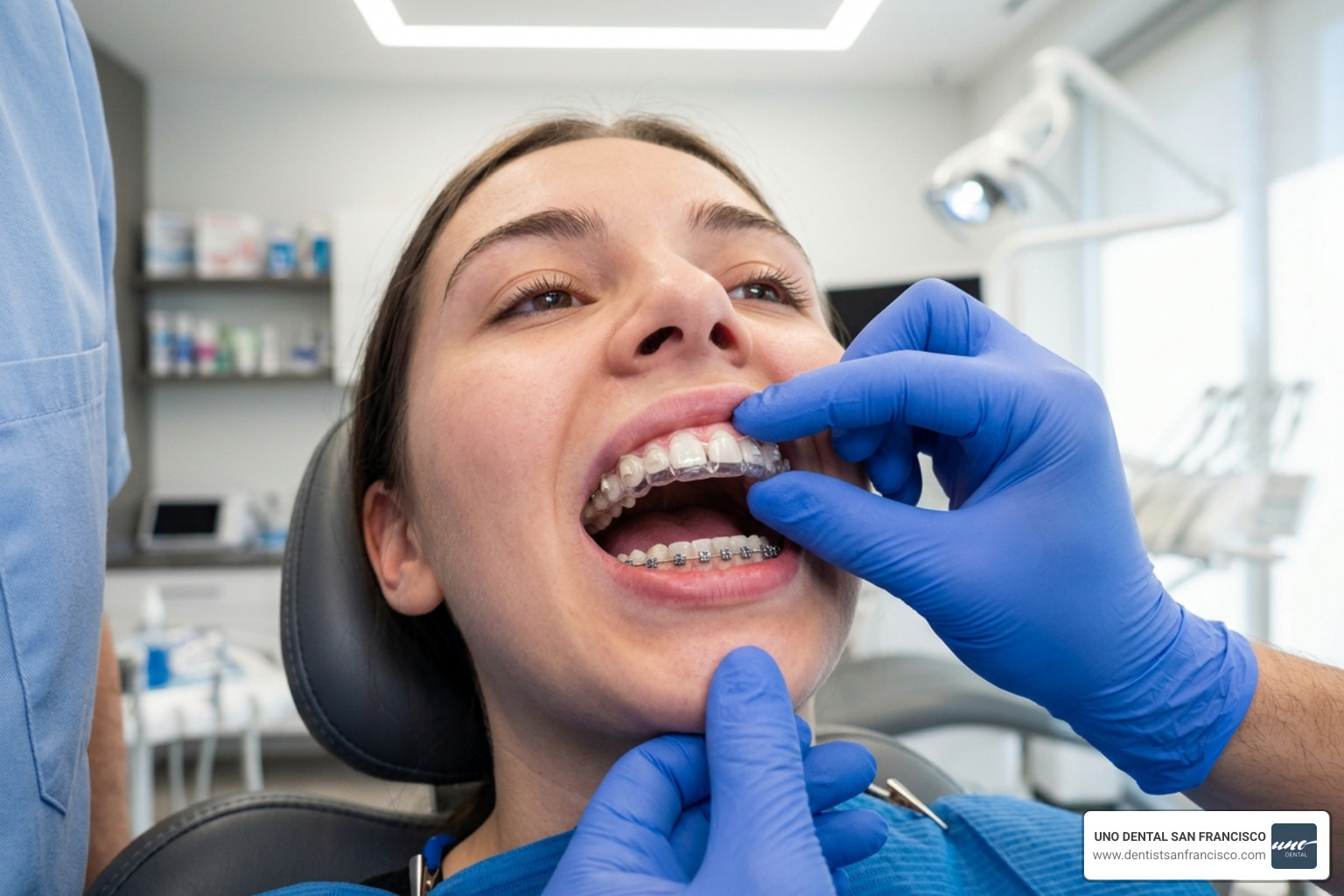 Clear aligner trays being used to close a post-braces gap - Gaps between teeth after braces Clear aligner trays being used to close a post-braces gap - Gaps between teeth after braces